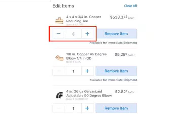 Detailed view of list of scanned items, with the ability to adjust amounts of product ordered or remove item.